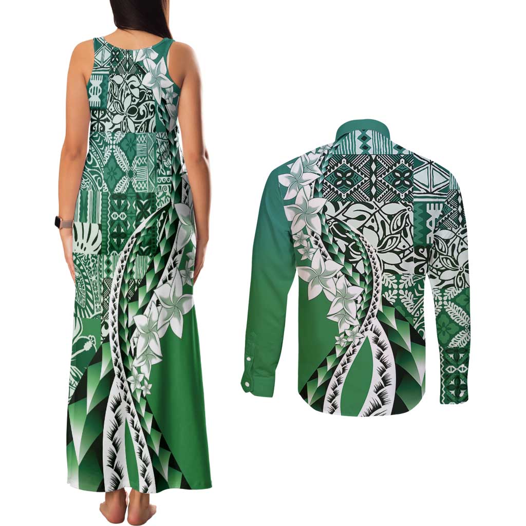 Aloha Vintage Plumeria Hawaiian Tapa Pattern Couples Matching Tank Maxi Dress and Long Sleeve Button Shirt Green Hawaiian Tapa Pattern - Polynesian Pride