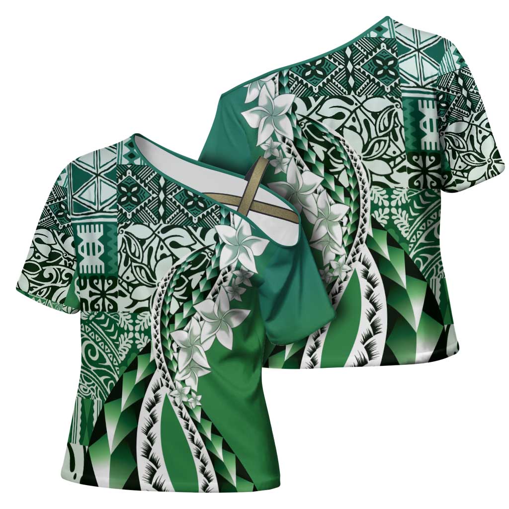 Aloha Vintage Plumeria Hawaiian Tapa Pattern Cross Shoulder Shirt Green Hawaiian Tapa Pattern - Polynesian Pride