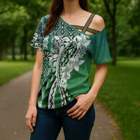 Aloha Vintage Plumeria Hawaiian Tapa Pattern Cross Shoulder Shirt Green Hawaiian Tapa Pattern - Polynesian Pride