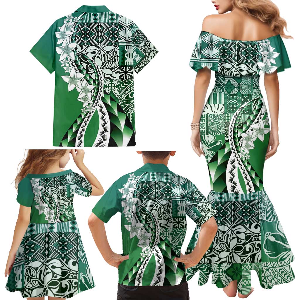 Aloha Vintage Plumeria Hawaiian Tapa Pattern Family Matching Mermaid Dress and Hawaiian Shirt Green Hawaiian Tapa Pattern - Polynesian Pride