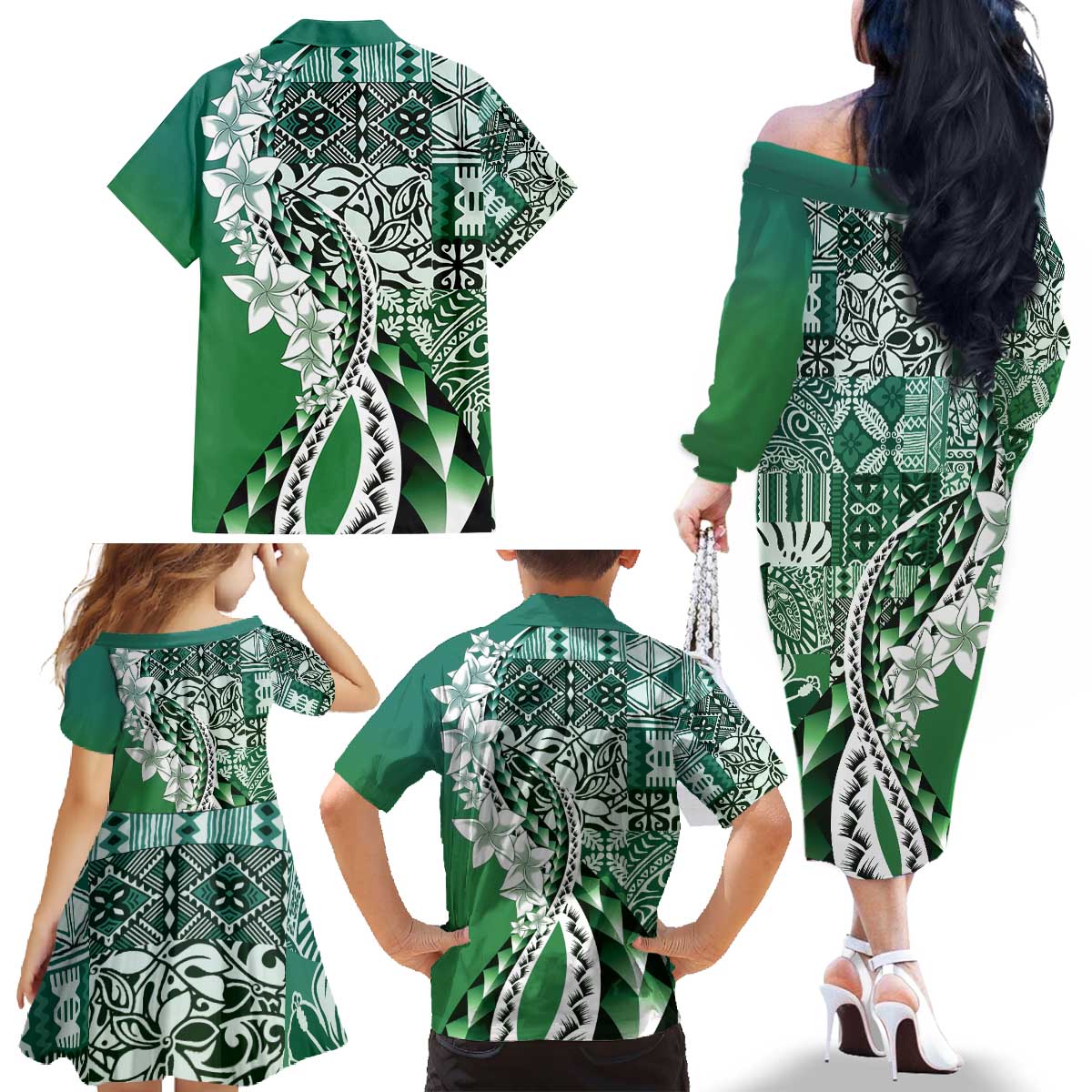Aloha Vintage Plumeria Hawaiian Tapa Pattern Family Matching Off The Shoulder Long Sleeve Dress and Hawaiian Shirt Green Hawaiian Tapa Pattern - Polynesian Pride
