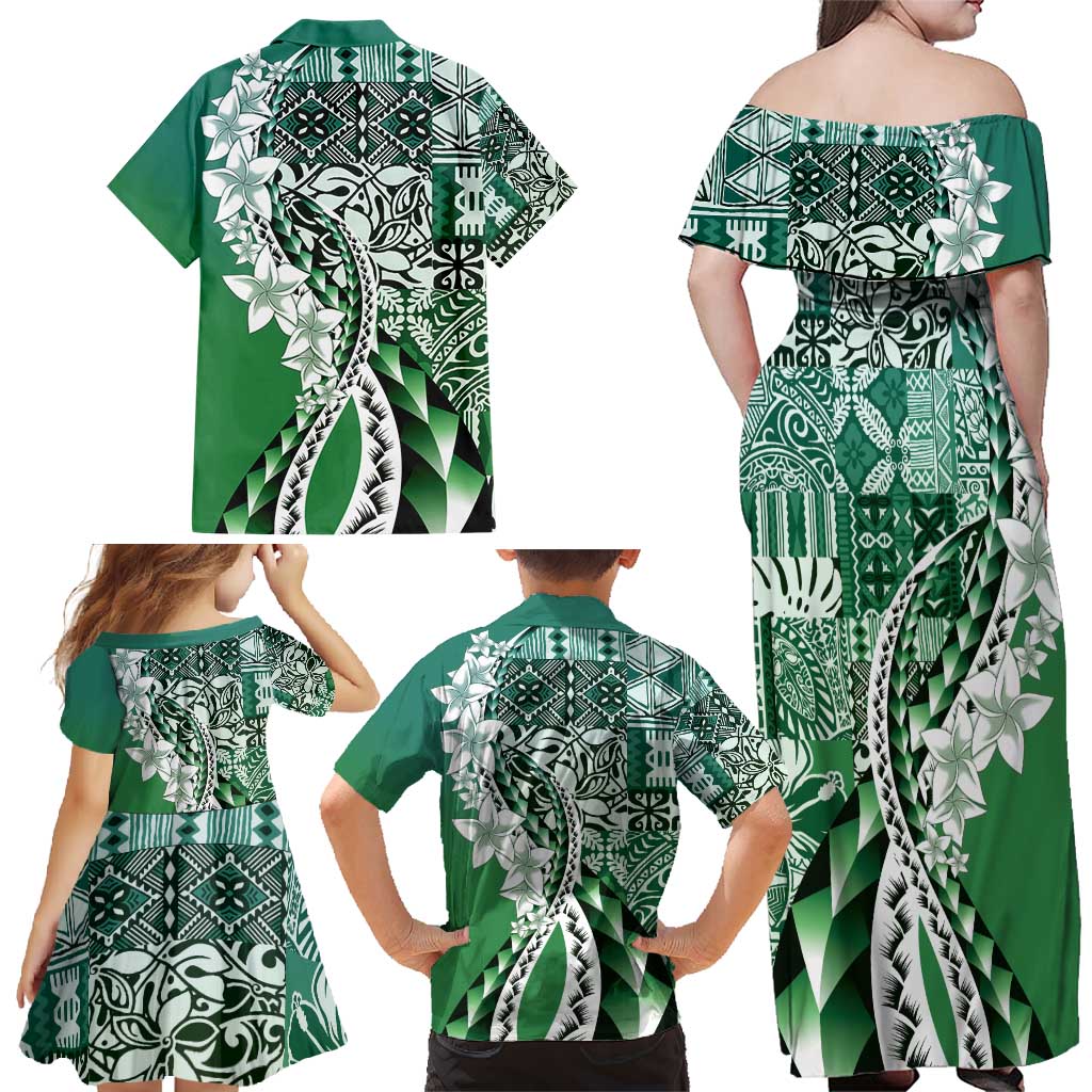 Aloha Vintage Plumeria Hawaiian Tapa Pattern Family Matching Off Shoulder Maxi Dress and Hawaiian Shirt Green Hawaiian Tapa Pattern - Polynesian Pride