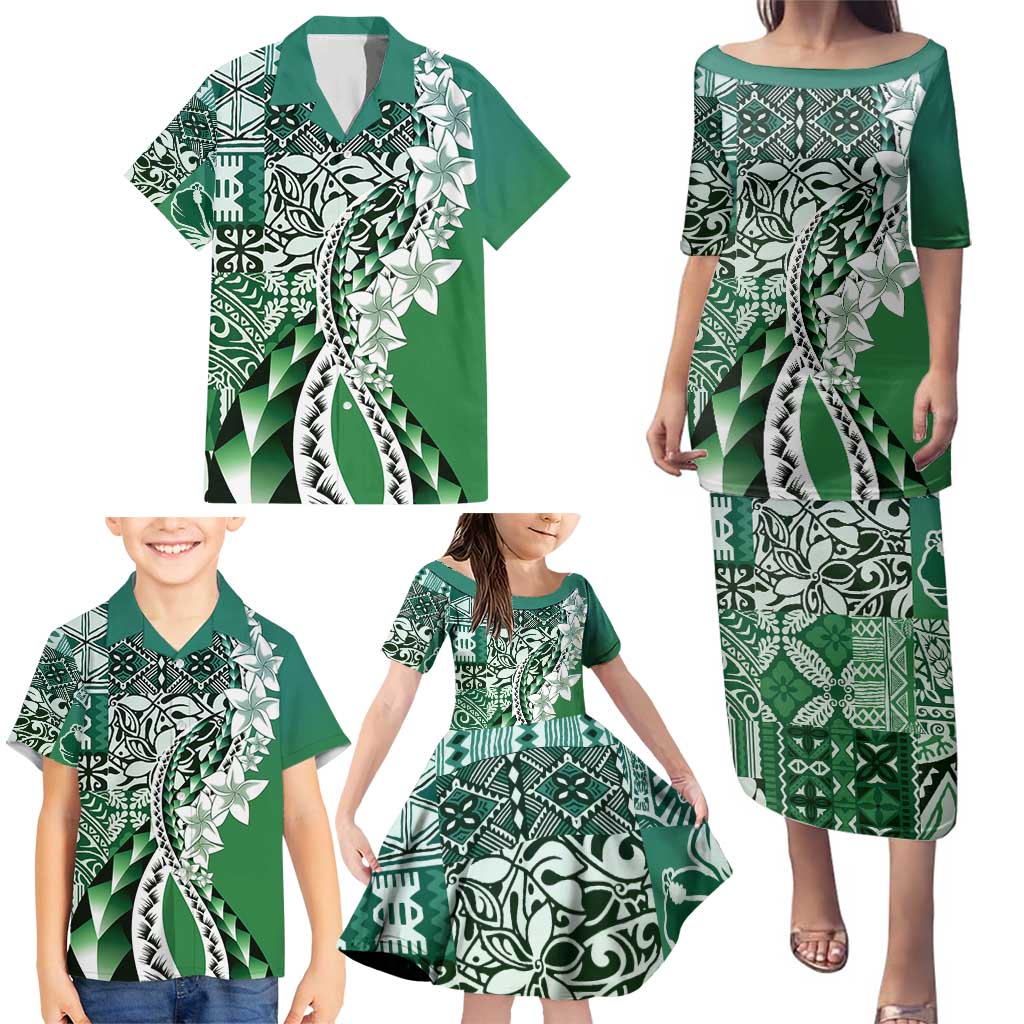 Aloha Vintage Plumeria Hawaiian Tapa Pattern Family Matching Puletasi and Hawaiian Shirt Green Hawaiian Tapa Pattern - Polynesian Pride