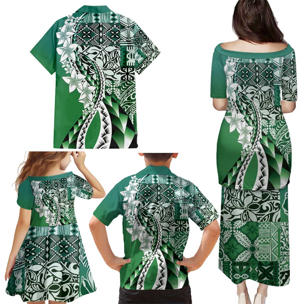 Aloha Vintage Plumeria Hawaiian Tapa Pattern Family Matching Puletasi and Hawaiian Shirt Green Hawaiian Tapa Pattern - Polynesian Pride