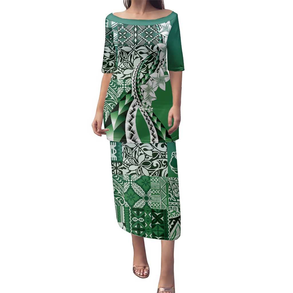 Aloha Vintage Plumeria Hawaiian Tapa Pattern Family Matching Puletasi and Hawaiian Shirt Green Hawaiian Tapa Pattern - Polynesian Pride