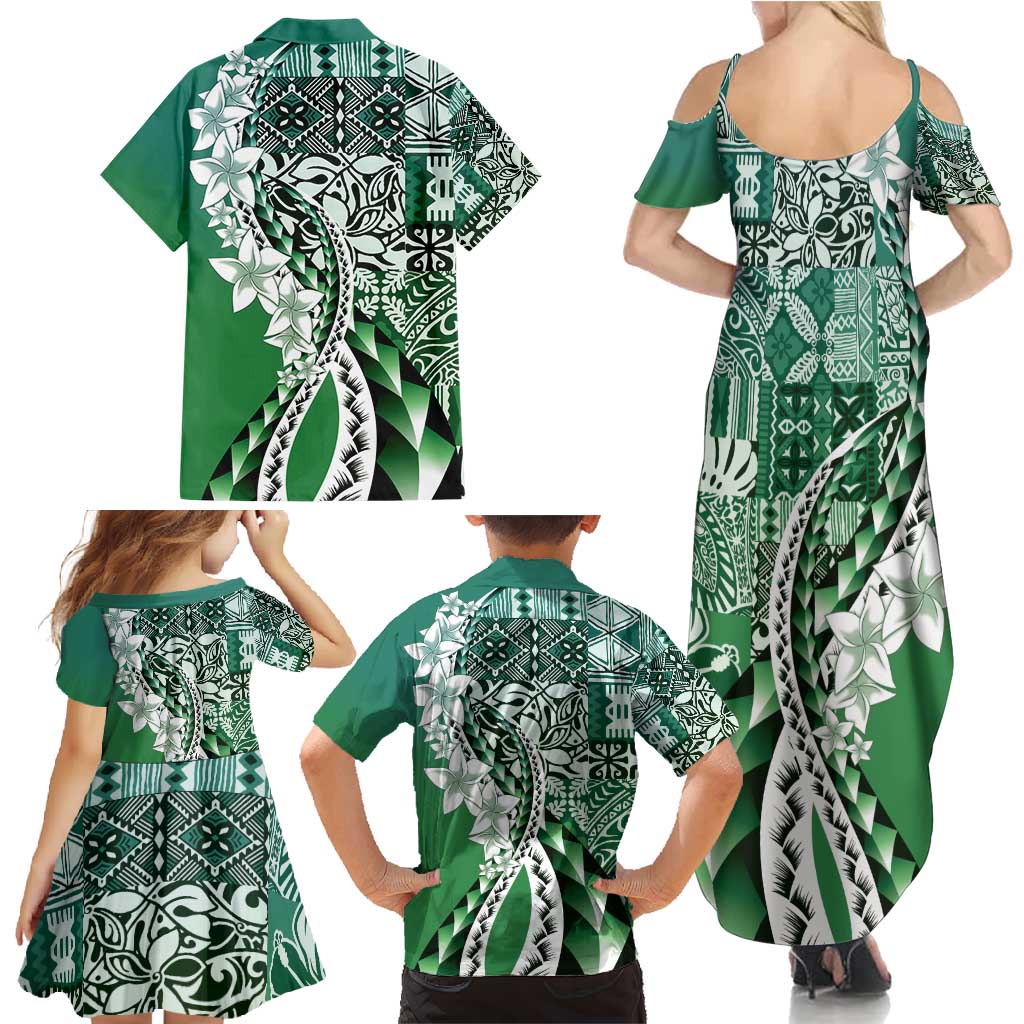 Aloha Vintage Plumeria Hawaiian Tapa Pattern Family Matching Summer Maxi Dress and Hawaiian Shirt Green Hawaiian Tapa Pattern - Polynesian Pride