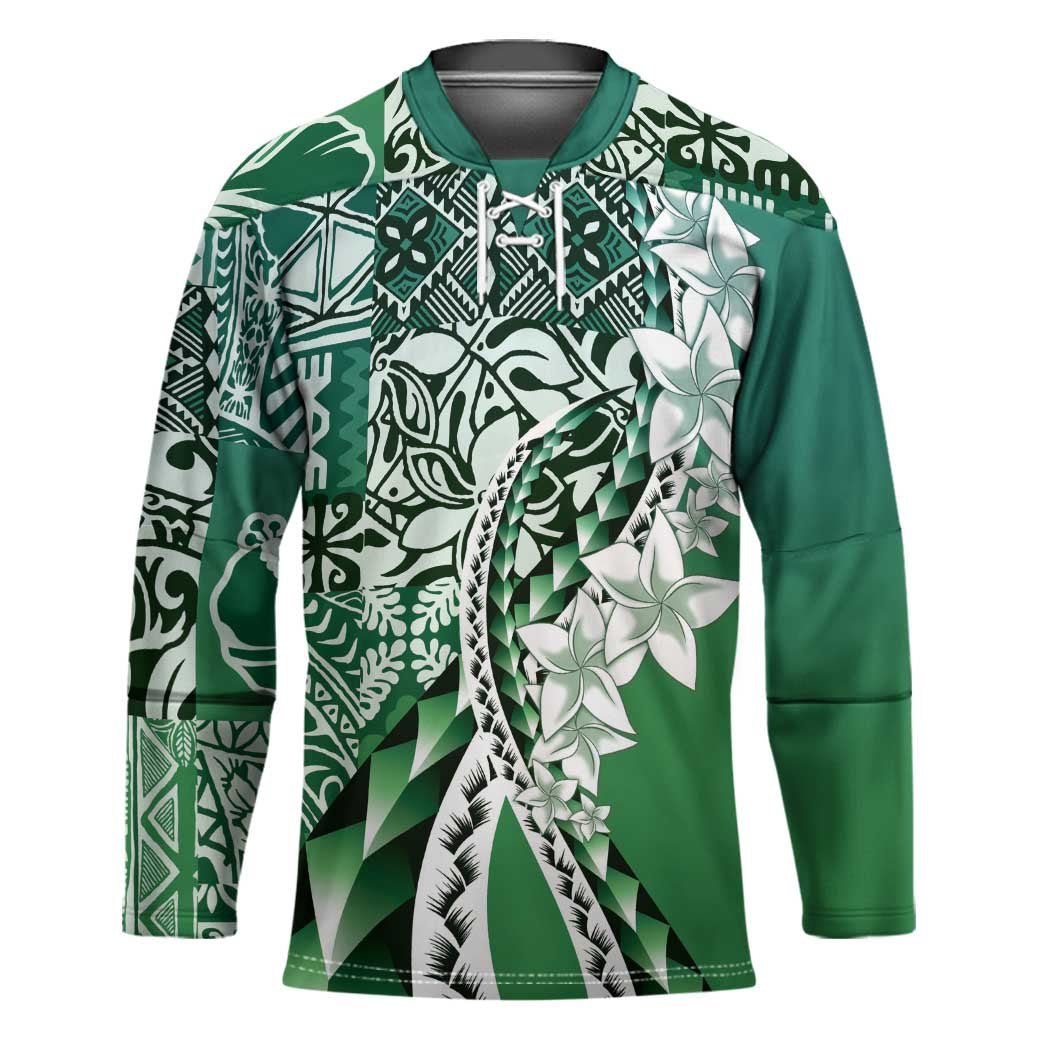 Aloha Vintage Plumeria Hawaiian Tapa Pattern Hockey Jersey Green Hawaiian Tapa Pattern - Polynesian Pride