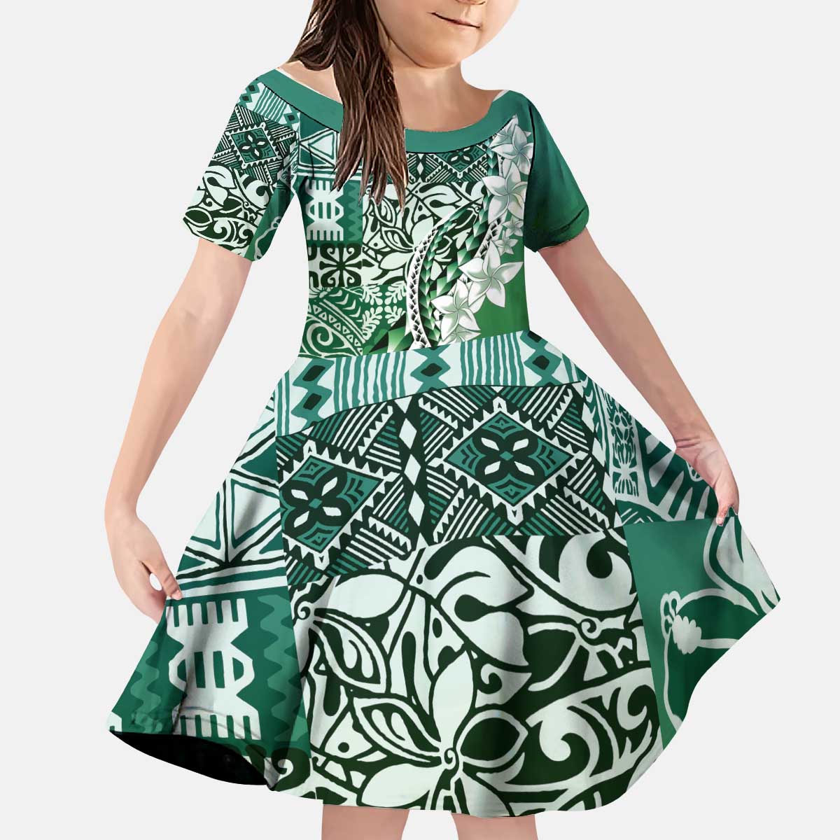 Aloha Vintage Plumeria Hawaiian Tapa Pattern Kid Short Sleeve Dress Green Hawaiian Tapa Pattern - Polynesian Pride