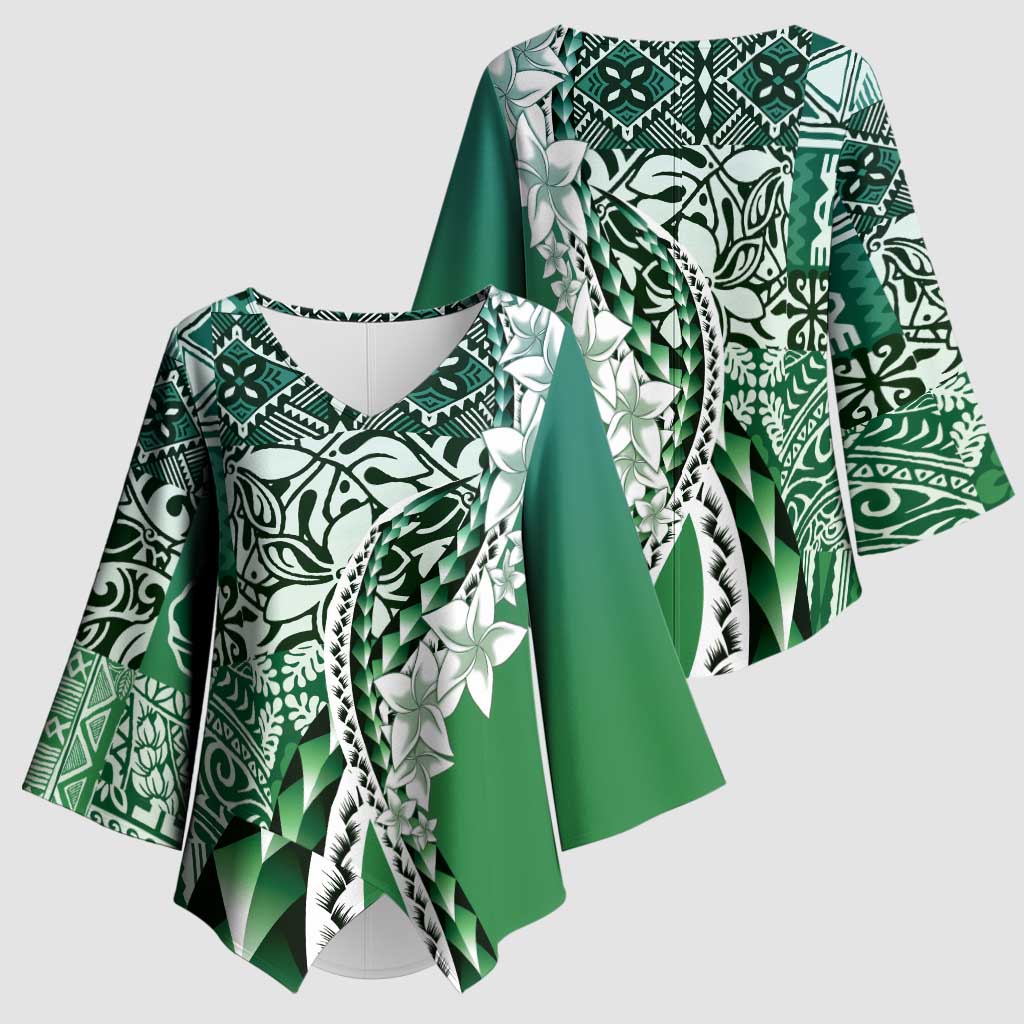 Aloha Vintage Plumeria Hawaiian Tapa Pattern Kimono Sleeve Blouse Green Hawaiian Tapa Pattern - Polynesian Pride