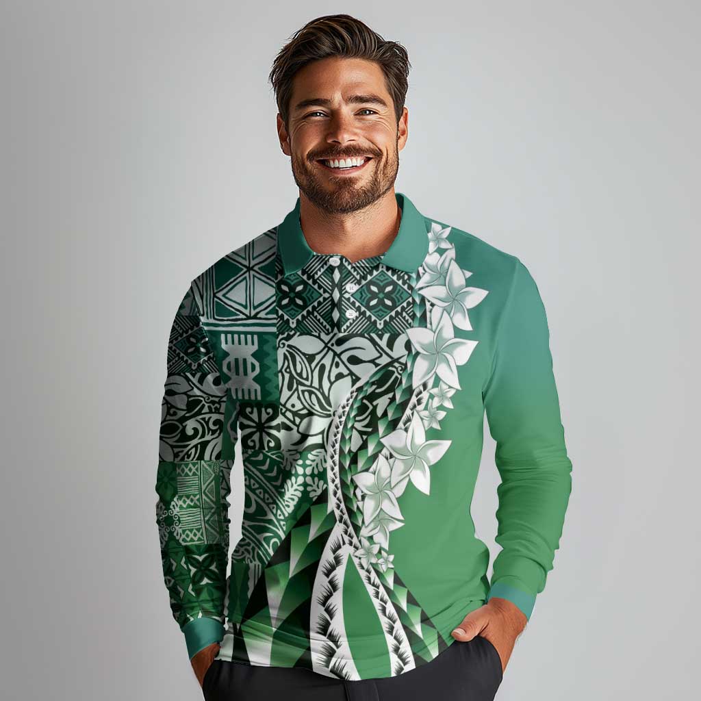 Aloha Vintage Plumeria Hawaiian Tapa Pattern Long Sleeve Polo Shirt Green Hawaiian Tapa Pattern - Polynesian Pride