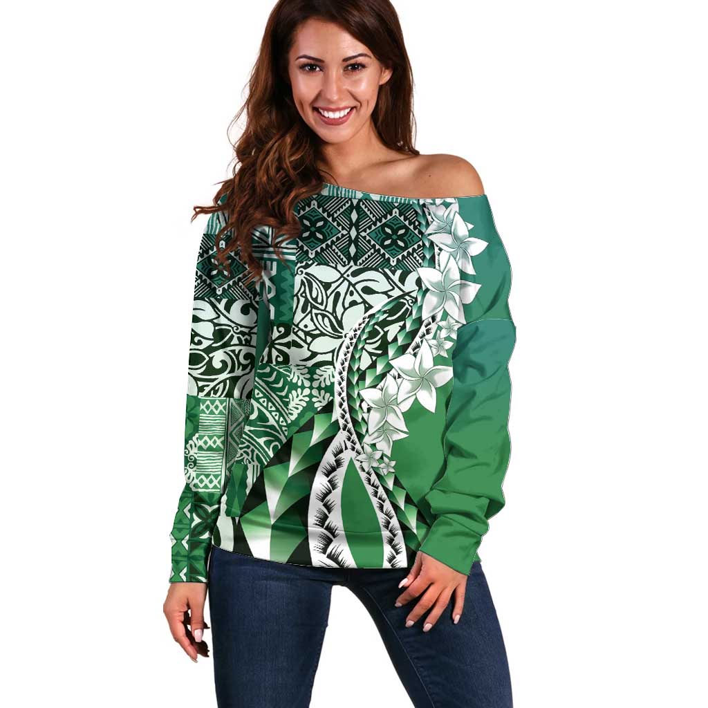 Aloha Vintage Plumeria Hawaiian Tapa Pattern Off Shoulder Sweater Green Hawaiian Tapa Pattern - Polynesian Pride