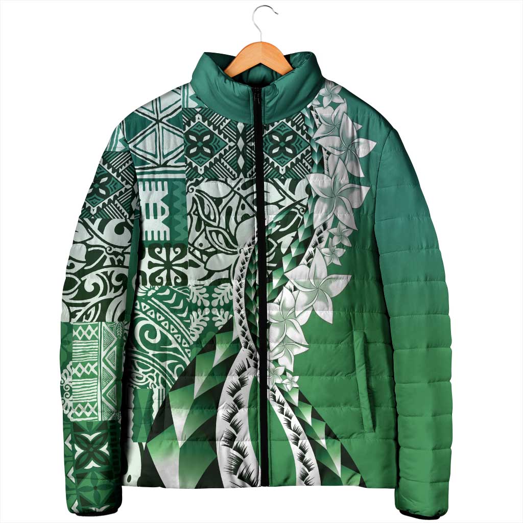 Aloha Vintage Plumeria Hawaiian Tapa Pattern Padded Jacket Green Hawaiian Tapa Pattern - Polynesian Pride