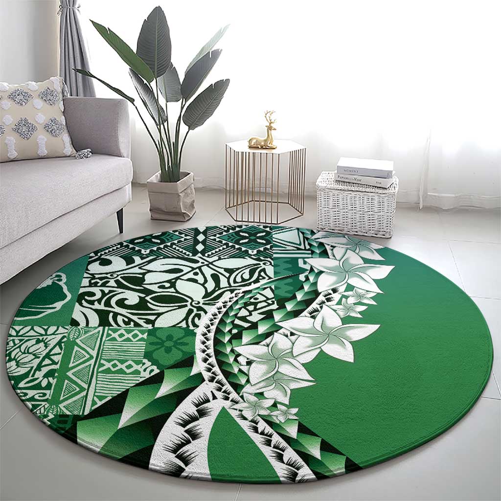 Aloha Vintage Plumeria Hawaiian Tapa Pattern Round Carpet Green Hawaiian Tapa Pattern - Polynesian Pride