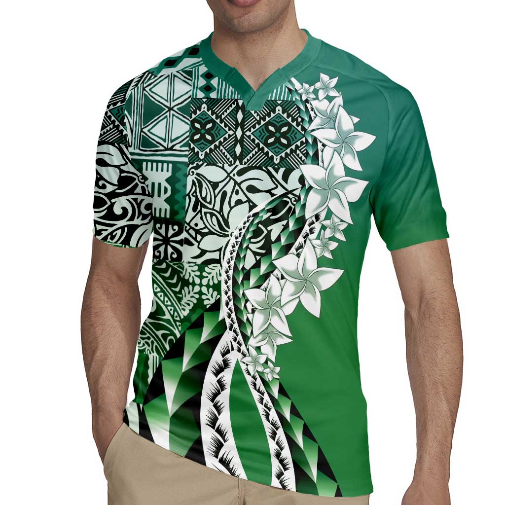 Aloha Vintage Plumeria Hawaiian Tapa Pattern Rugby Jersey Green Hawaiian Tapa Pattern - Polynesian Pride