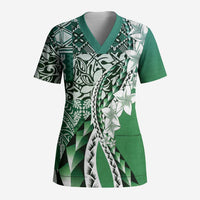 Aloha Vintage Plumeria Hawaiian Tapa Pattern Scrub Top Green Hawaiian Tapa Pattern - Polynesian Pride