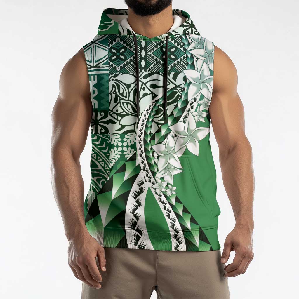Aloha Vintage Plumeria Hawaiian Tapa Pattern Sleeveless Hoodie Green Hawaiian Tapa Pattern - Polynesian Pride