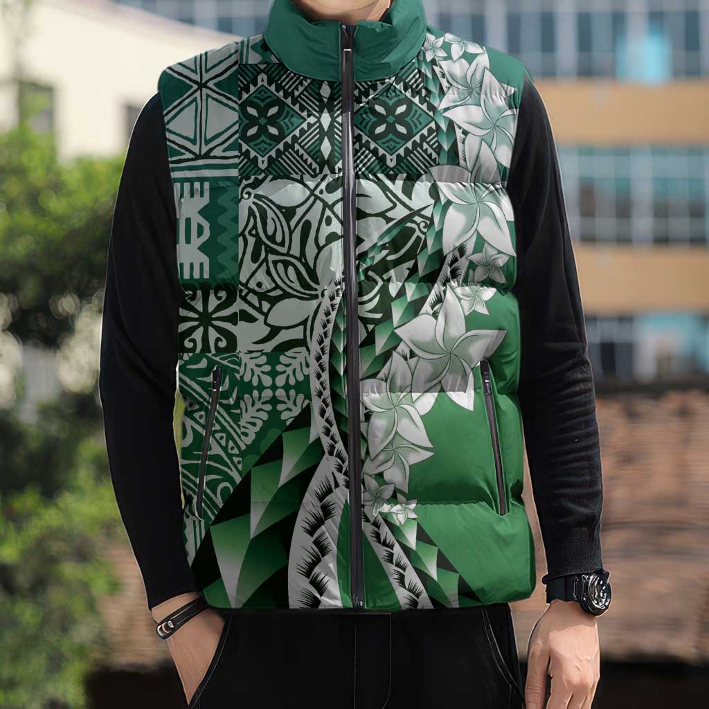 Aloha Vintage Plumeria Hawaiian Tapa Pattern Sleeveless Puffer Jacket Green Hawaiian Tapa Pattern - Polynesian Pride
