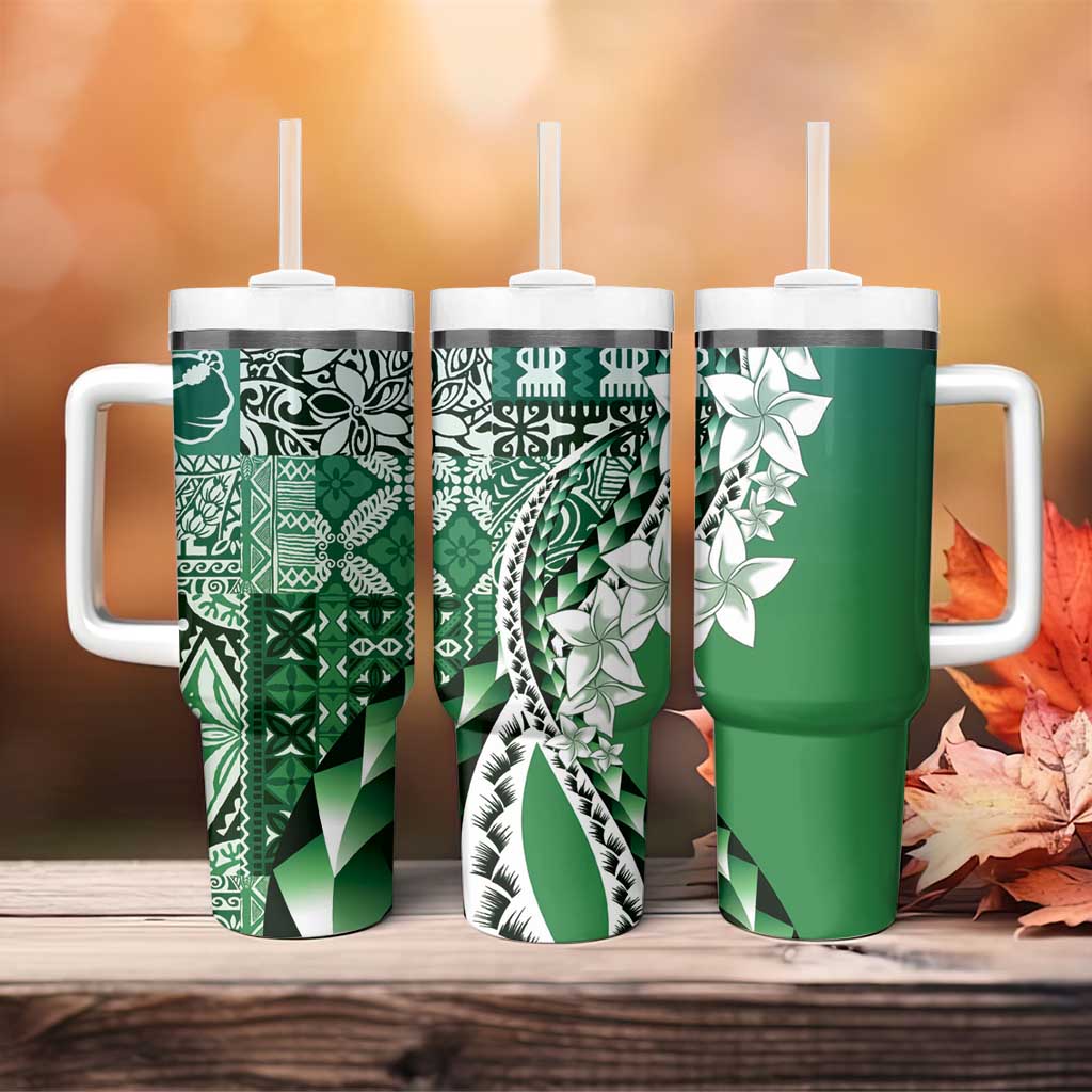 Aloha Vintage Plumeria Hawaiian Tapa Pattern Tumbler With Handle Green Hawaiian Tapa Pattern - Polynesian Pride