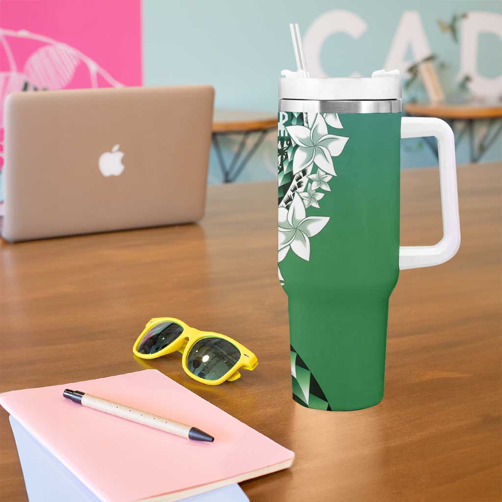 Aloha Vintage Plumeria Hawaiian Tapa Pattern Tumbler With Handle Green Hawaiian Tapa Pattern - Polynesian Pride