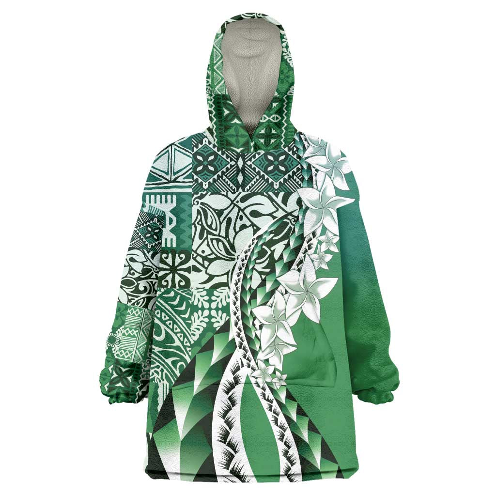 Aloha Vintage Plumeria Hawaiian Tapa Pattern Wearable Blanket Hoodie Green Hawaiian Tapa Pattern - Polynesian Pride