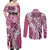 Aloha Vintage Plumeria Hawaiian Tapa Pattern Couples Matching Off Shoulder Maxi Dress and Long Sleeve Button Shirt Pink Hawaiian Tapa Pattern - Polynesian Pride