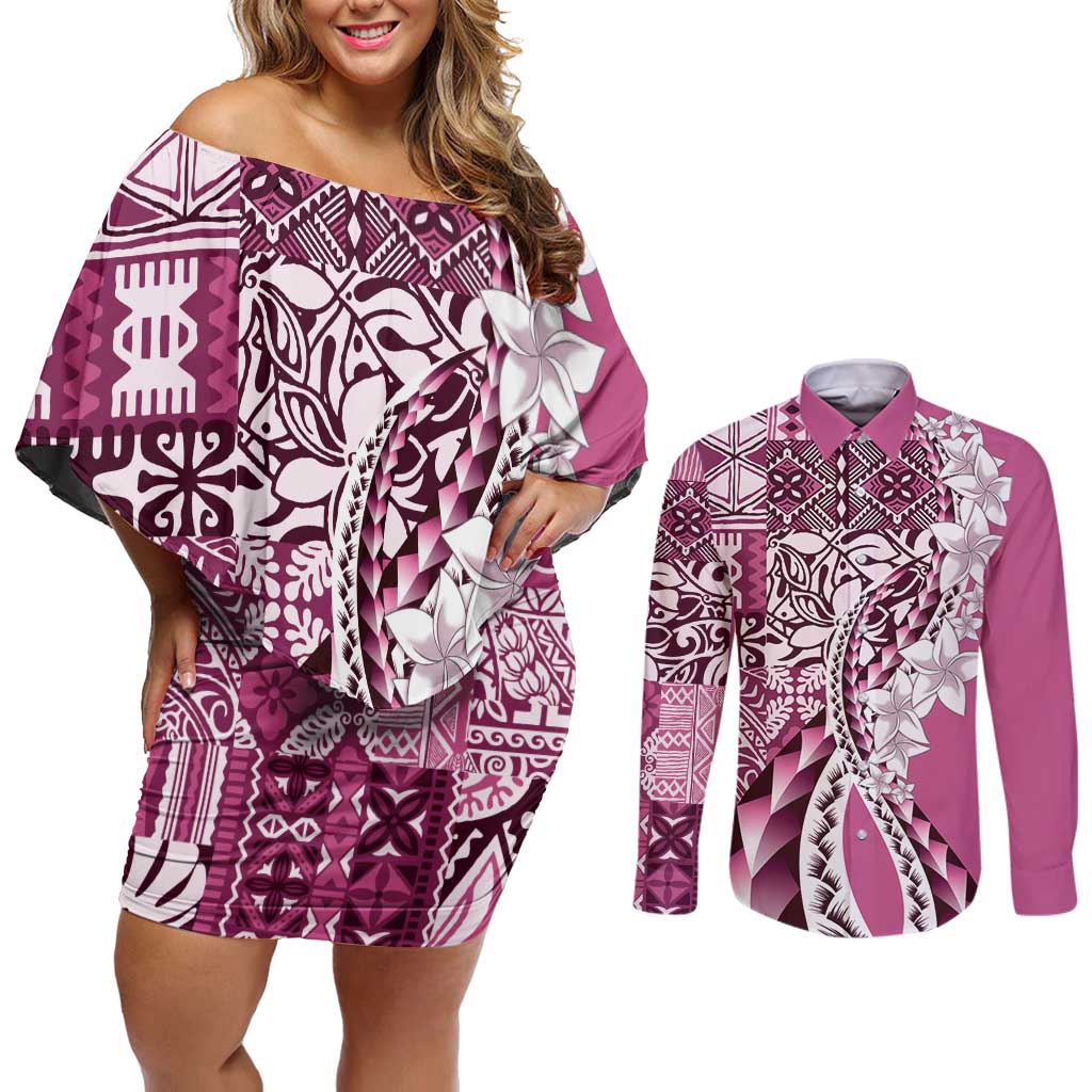 Aloha Vintage Plumeria Hawaiian Tapa Pattern Couples Matching Off Shoulder Short Dress and Long Sleeve Button Shirt Pink Hawaiian Tapa Pattern - Polynesian Pride