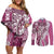 Aloha Vintage Plumeria Hawaiian Tapa Pattern Couples Matching Off Shoulder Short Dress and Long Sleeve Button Shirt Pink Hawaiian Tapa Pattern - Polynesian Pride
