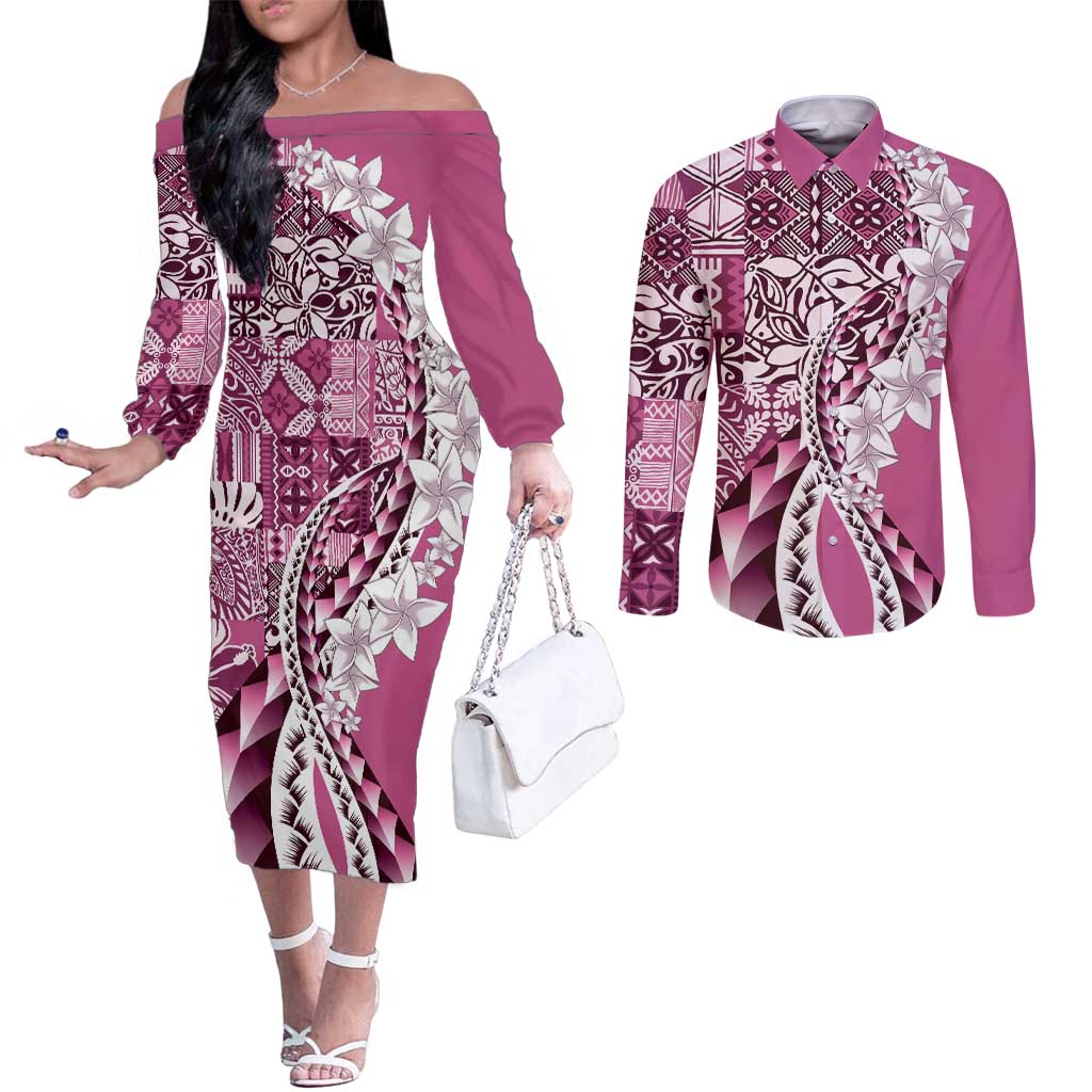 Aloha Vintage Plumeria Hawaiian Tapa Pattern Couples Matching Off The Shoulder Long Sleeve Dress and Long Sleeve Button Shirt Pink Hawaiian Tapa Pattern - Polynesian Pride