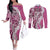 Aloha Vintage Plumeria Hawaiian Tapa Pattern Couples Matching Off The Shoulder Long Sleeve Dress and Long Sleeve Button Shirt Pink Hawaiian Tapa Pattern - Polynesian Pride