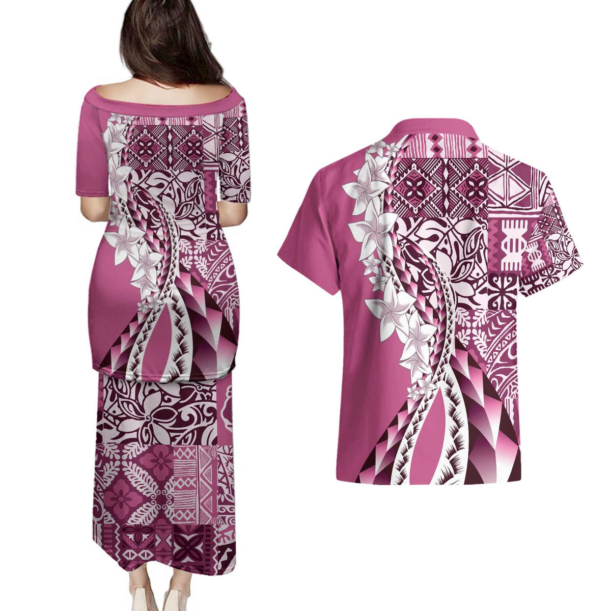 Aloha Vintage Plumeria Hawaiian Tapa Pattern Couples Matching Puletasi and Hawaiian Shirt Pink Hawaiian Tapa Pattern - Polynesian Pride