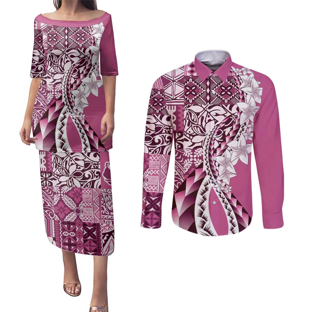Aloha Vintage Plumeria Hawaiian Tapa Pattern Couples Matching Puletasi and Long Sleeve Button Shirt Pink Hawaiian Tapa Pattern - Polynesian Pride