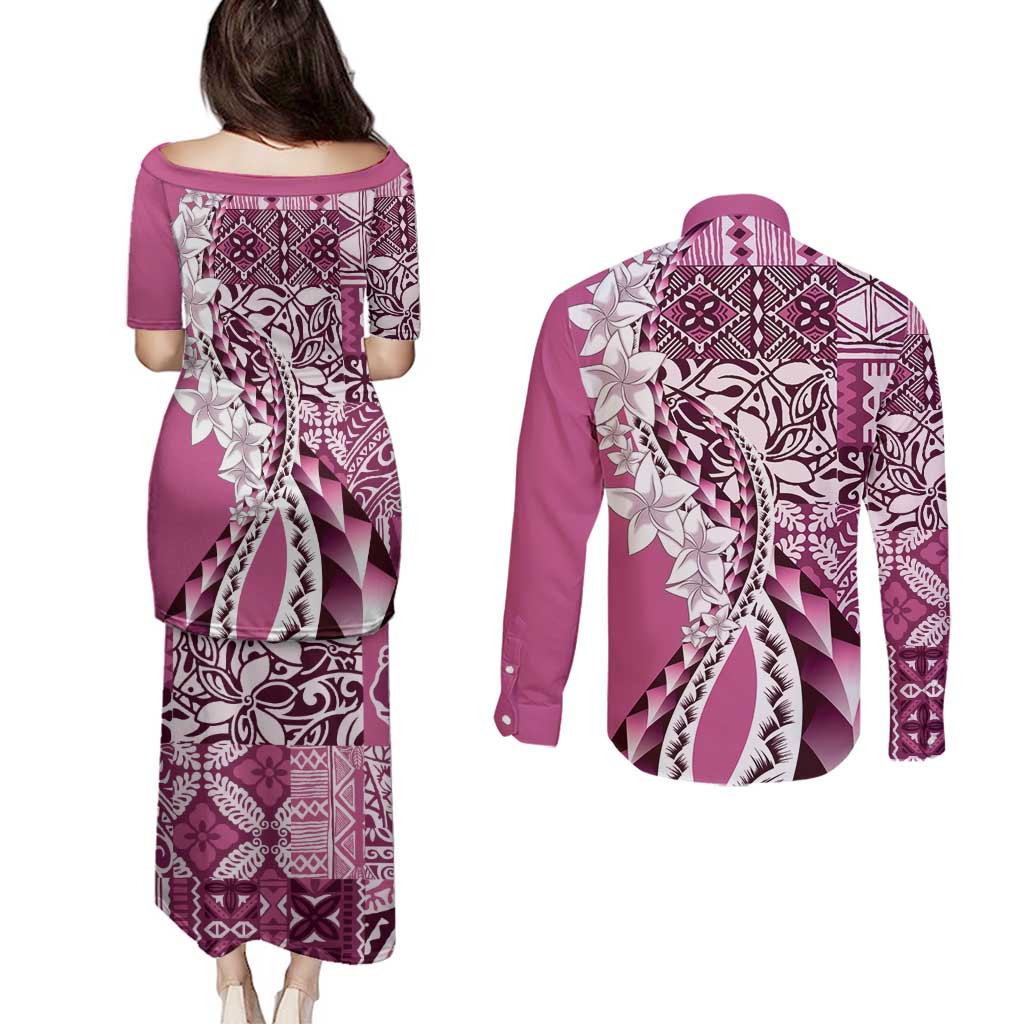 Aloha Vintage Plumeria Hawaiian Tapa Pattern Couples Matching Puletasi and Long Sleeve Button Shirt Pink Hawaiian Tapa Pattern - Polynesian Pride