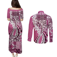 Aloha Vintage Plumeria Hawaiian Tapa Pattern Couples Matching Puletasi and Long Sleeve Button Shirt Pink Hawaiian Tapa Pattern - Polynesian Pride