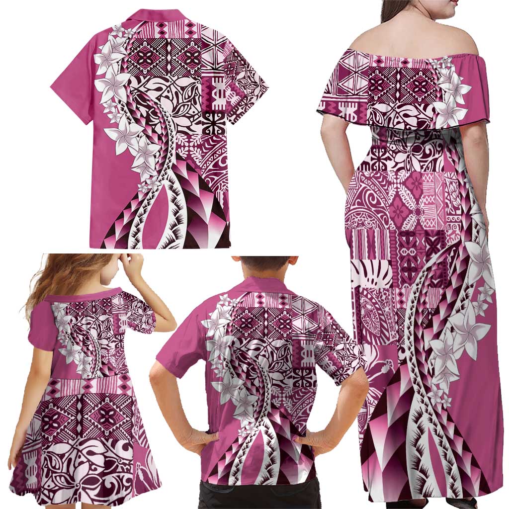 Aloha Vintage Plumeria Hawaiian Tapa Pattern Family Matching Off Shoulder Maxi Dress and Hawaiian Shirt Pink Hawaiian Tapa Pattern - Polynesian Pride