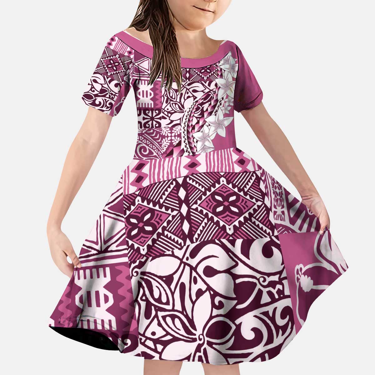 Aloha Vintage Plumeria Hawaiian Tapa Pattern Kid Short Sleeve Dress Pink Hawaiian Tapa Pattern - Polynesian Pride