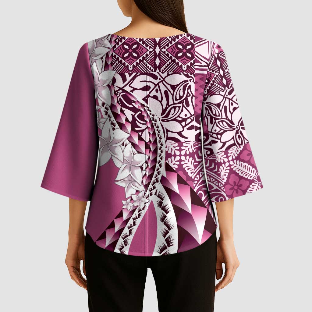 Aloha Vintage Plumeria Hawaiian Tapa Pattern Kimono Sleeve Blouse Pink Hawaiian Tapa Pattern - Polynesian Pride