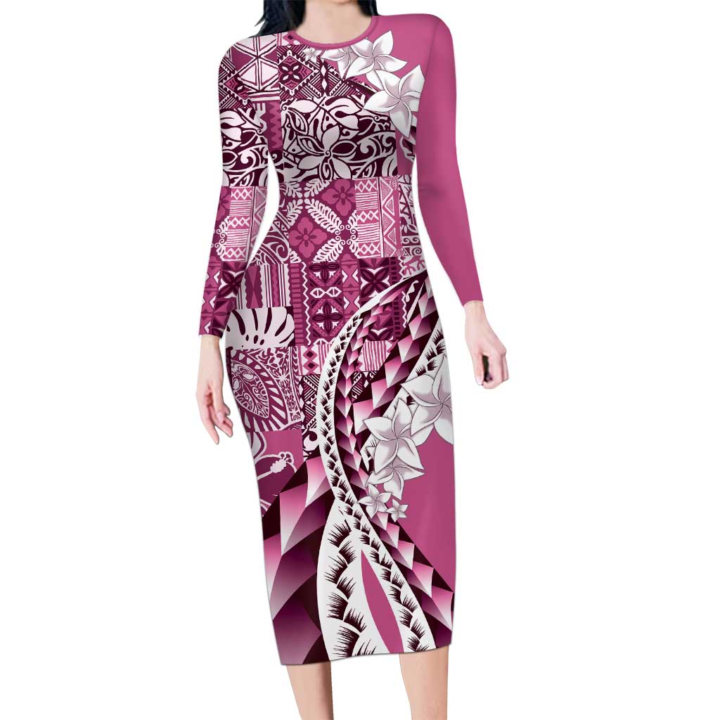 Aloha Vintage Plumeria Hawaiian Tapa Pattern Long Sleeve Bodycon Dress Pink Hawaiian Tapa Pattern - Polynesian Pride