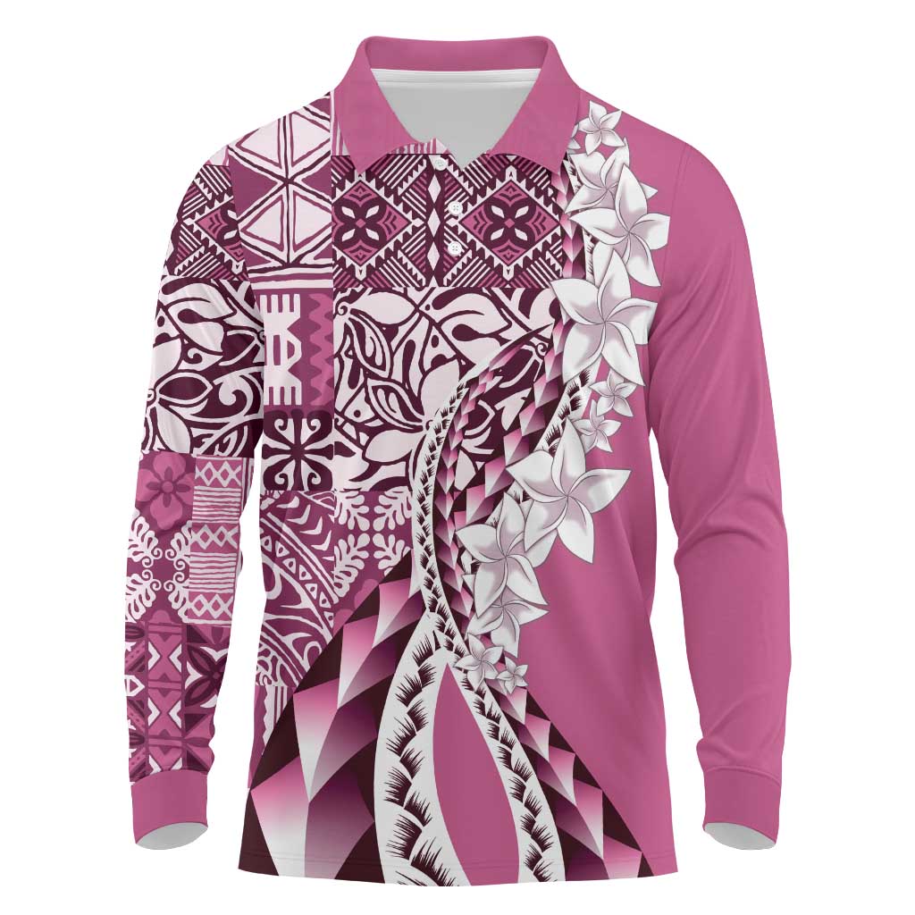 Aloha Vintage Plumeria Hawaiian Tapa Pattern Long Sleeve Polo Shirt Pink Hawaiian Tapa Pattern - Polynesian Pride
