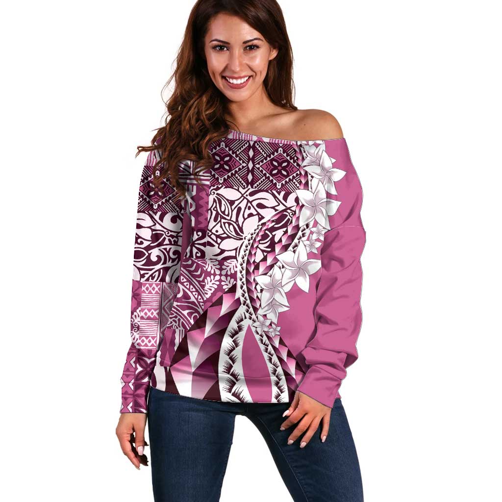 Aloha Vintage Plumeria Hawaiian Tapa Pattern Off Shoulder Sweater Pink Hawaiian Tapa Pattern - Polynesian Pride