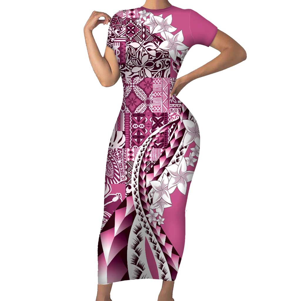 Aloha Vintage Plumeria Hawaiian Tapa Pattern Short Sleeve Bodycon Dress Pink Hawaiian Tapa Pattern - Polynesian Pride