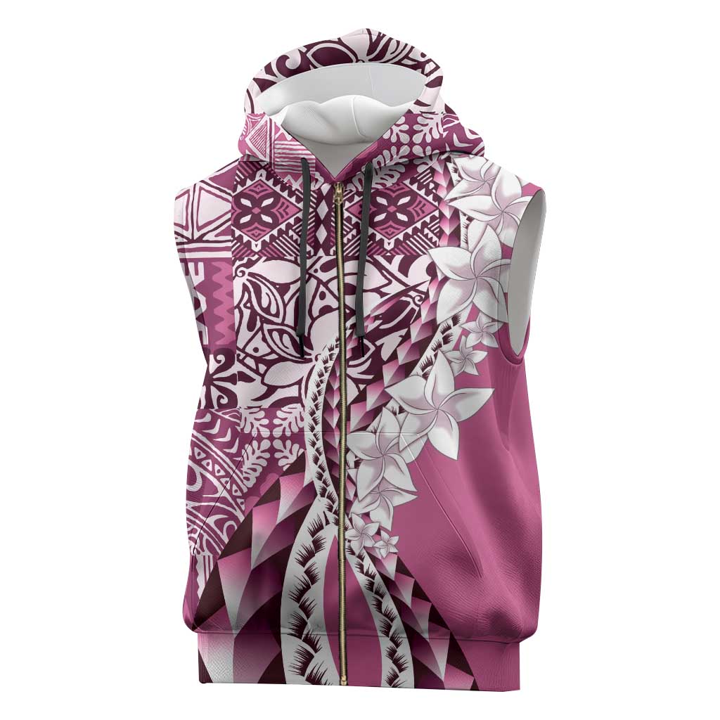 Aloha Vintage Plumeria Hawaiian Tapa Pattern Sleeveless Zip Hoodie Pink Hawaiian Tapa Pattern - Polynesian Pride