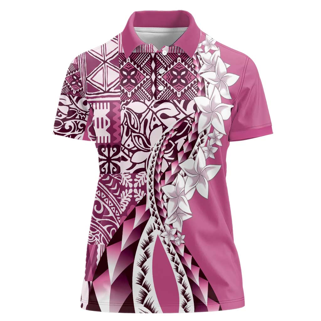 Aloha Vintage Plumeria Hawaiian Tapa Pattern Women Polo Shirt Pink Hawaiian Tapa Pattern - Polynesian Pride