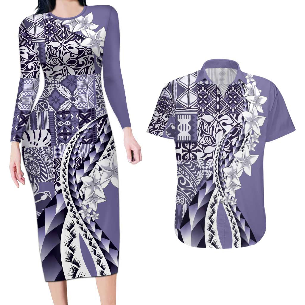Aloha Vintage Plumeria Hawaiian Tapa Pattern Couples Matching Long Sleeve Bodycon Dress and Hawaiian Shirt Purple Hawaiian Tapa Pattern - Polynesian Pride