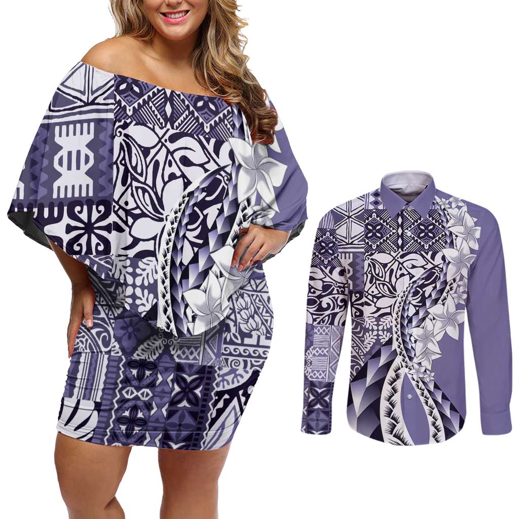 Aloha Vintage Plumeria Hawaiian Tapa Pattern Couples Matching Off Shoulder Short Dress and Long Sleeve Button Shirt Purple Hawaiian Tapa Pattern - Polynesian Pride