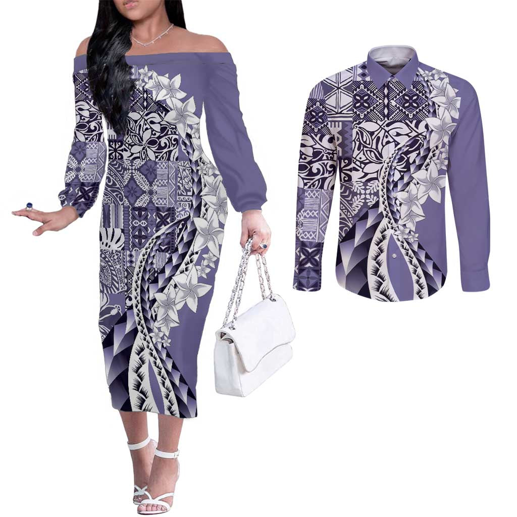 Aloha Vintage Plumeria Hawaiian Tapa Pattern Couples Matching Off The Shoulder Long Sleeve Dress and Long Sleeve Button Shirt Purple Hawaiian Tapa Pattern - Polynesian Pride