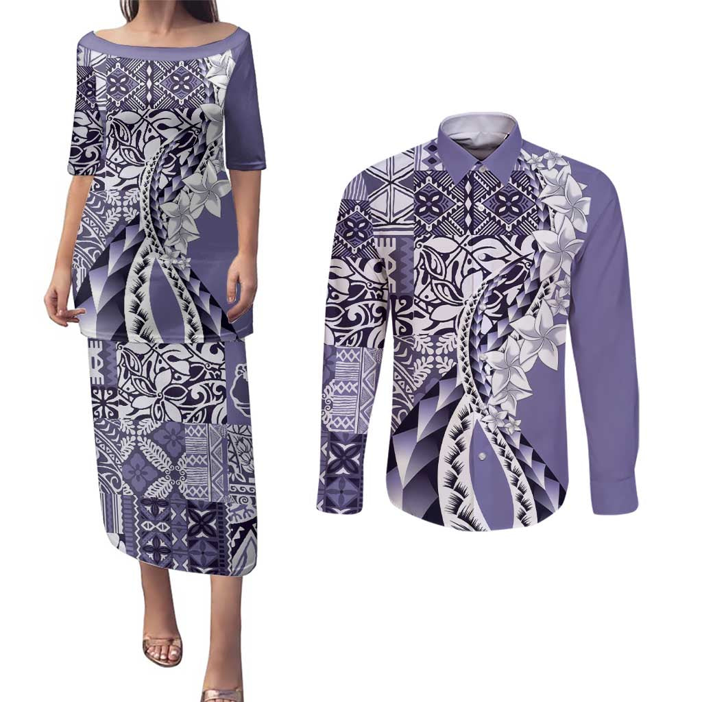 Aloha Vintage Plumeria Hawaiian Tapa Pattern Couples Matching Puletasi and Long Sleeve Button Shirt Purple Hawaiian Tapa Pattern - Polynesian Pride