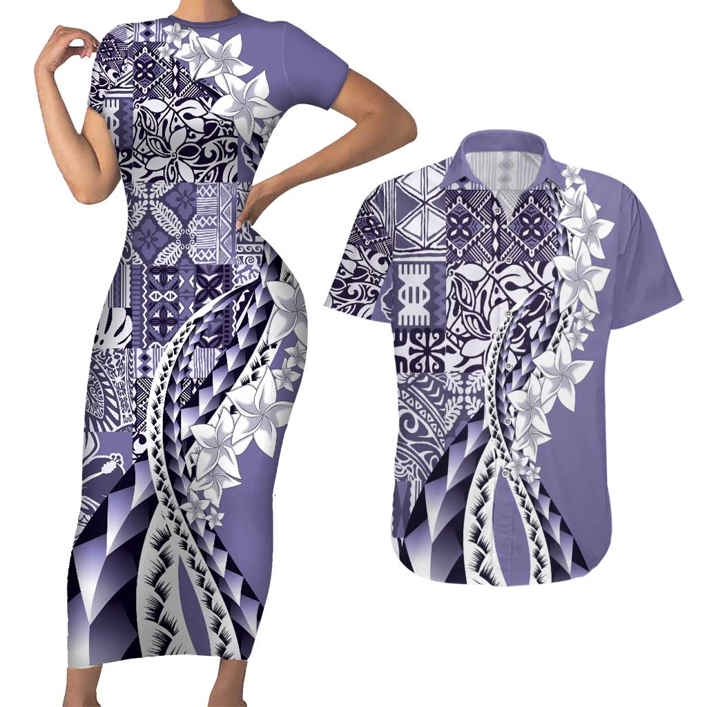Aloha Vintage Plumeria Hawaiian Tapa Pattern Couples Matching Short Sleeve Bodycon Dress and Hawaiian Shirt Purple Hawaiian Tapa Pattern - Polynesian Pride