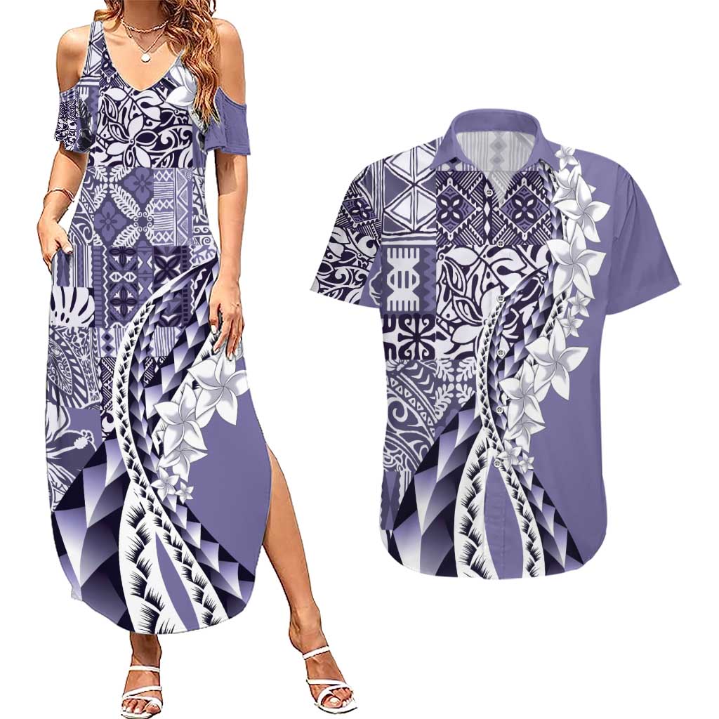 Aloha Vintage Plumeria Hawaiian Tapa Pattern Couples Matching Summer Maxi Dress and Hawaiian Shirt Purple Hawaiian Tapa Pattern - Polynesian Pride