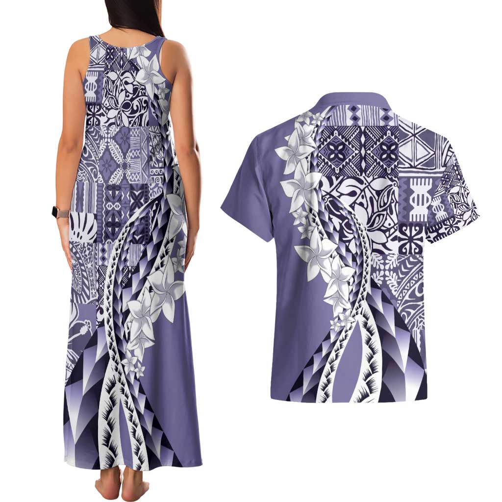 Aloha Vintage Plumeria Hawaiian Tapa Pattern Couples Matching Tank Maxi Dress and Hawaiian Shirt Purple Hawaiian Tapa Pattern - Polynesian Pride