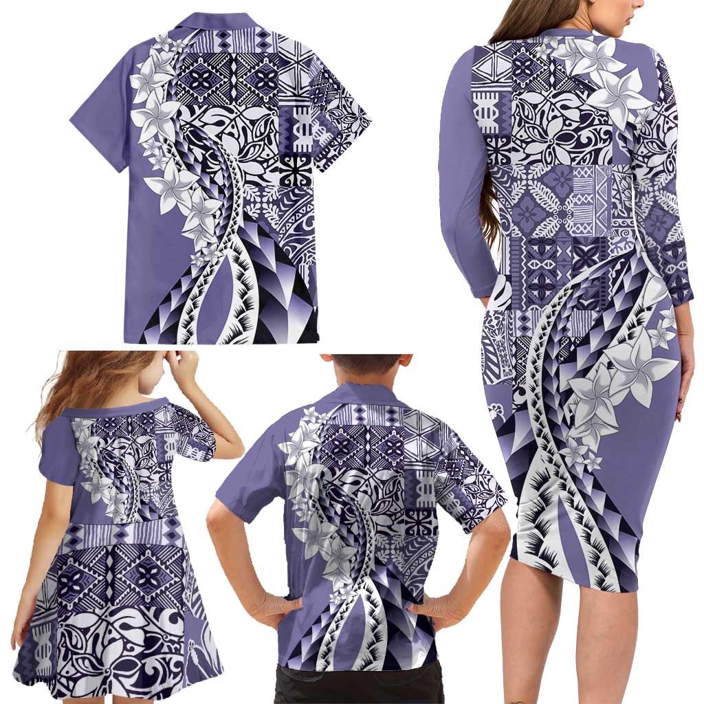 Aloha Vintage Plumeria Hawaiian Tapa Pattern Family Matching Long Sleeve Bodycon Dress and Hawaiian Shirt Purple Hawaiian Tapa Pattern - Polynesian Pride